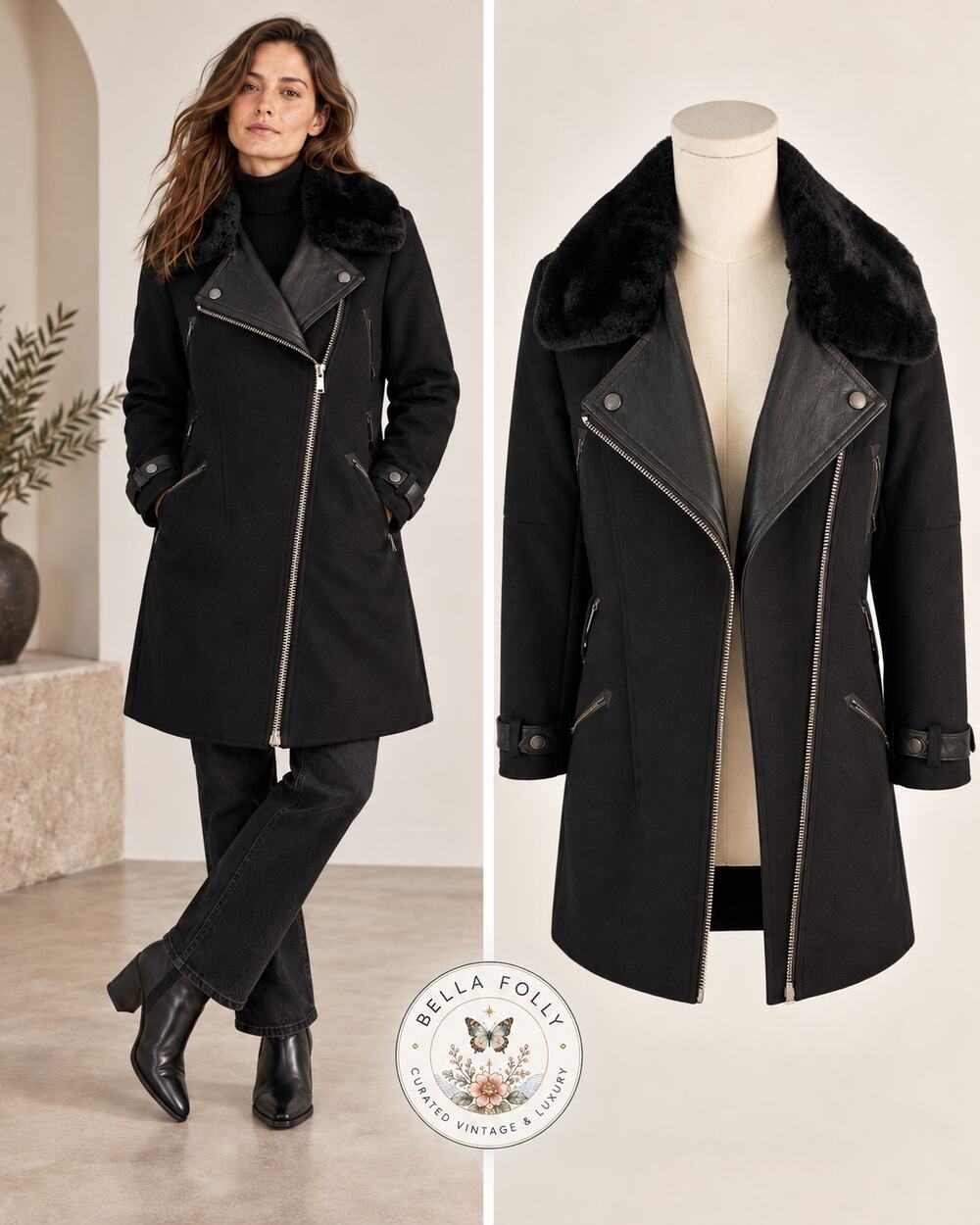 Barbour International Black Streak Wool Cashmere Leather Moto Coat Faux Fur Sz 6
